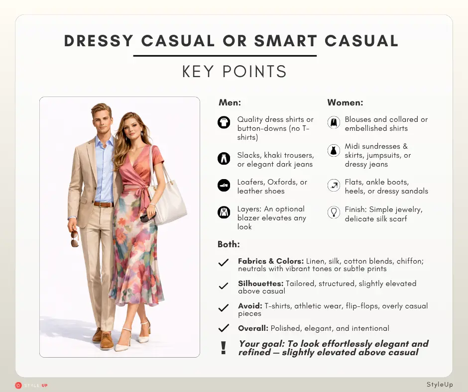 DRESS CODE: DRESSY CASUAL OR SMART CASUAL ATTIRE FOR WOMEN AND MEN